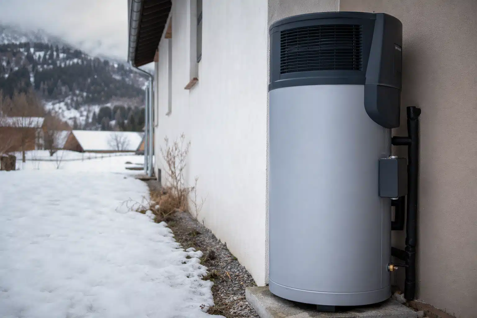 pompe à chaleur extérieure installée contre mur enneigé