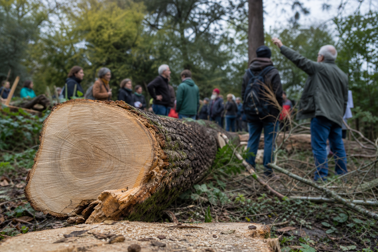 Tronc d'arbre coupé au sol, personnes en arrière-plan