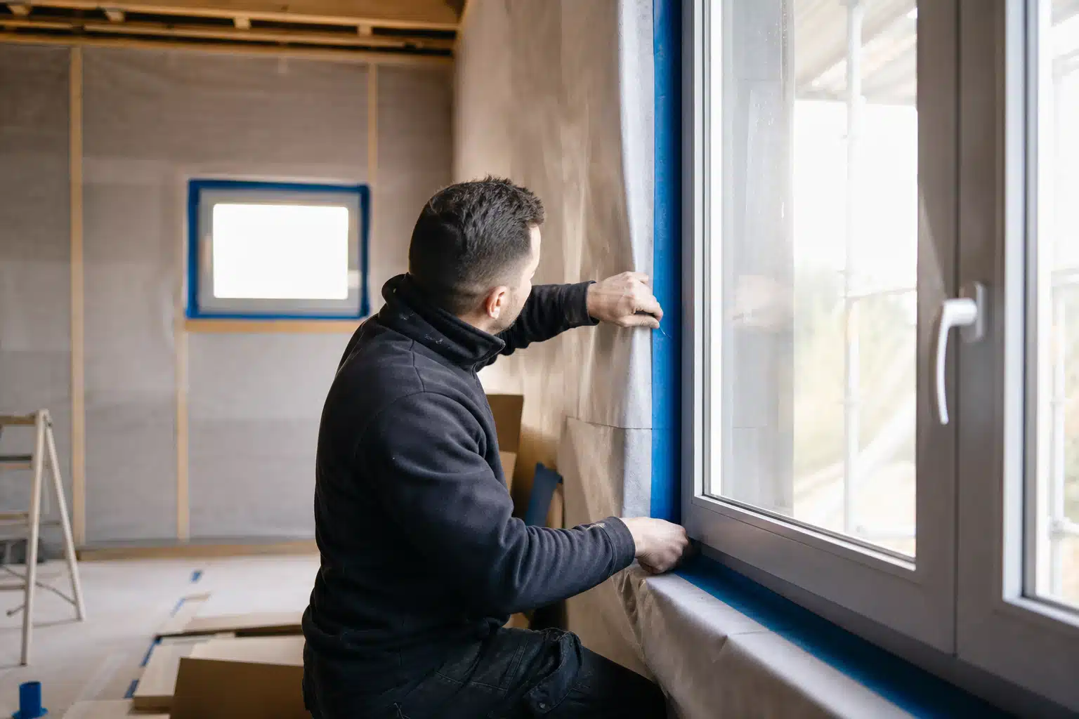Homme installant bande isolante bleue autour d'une fenêtre