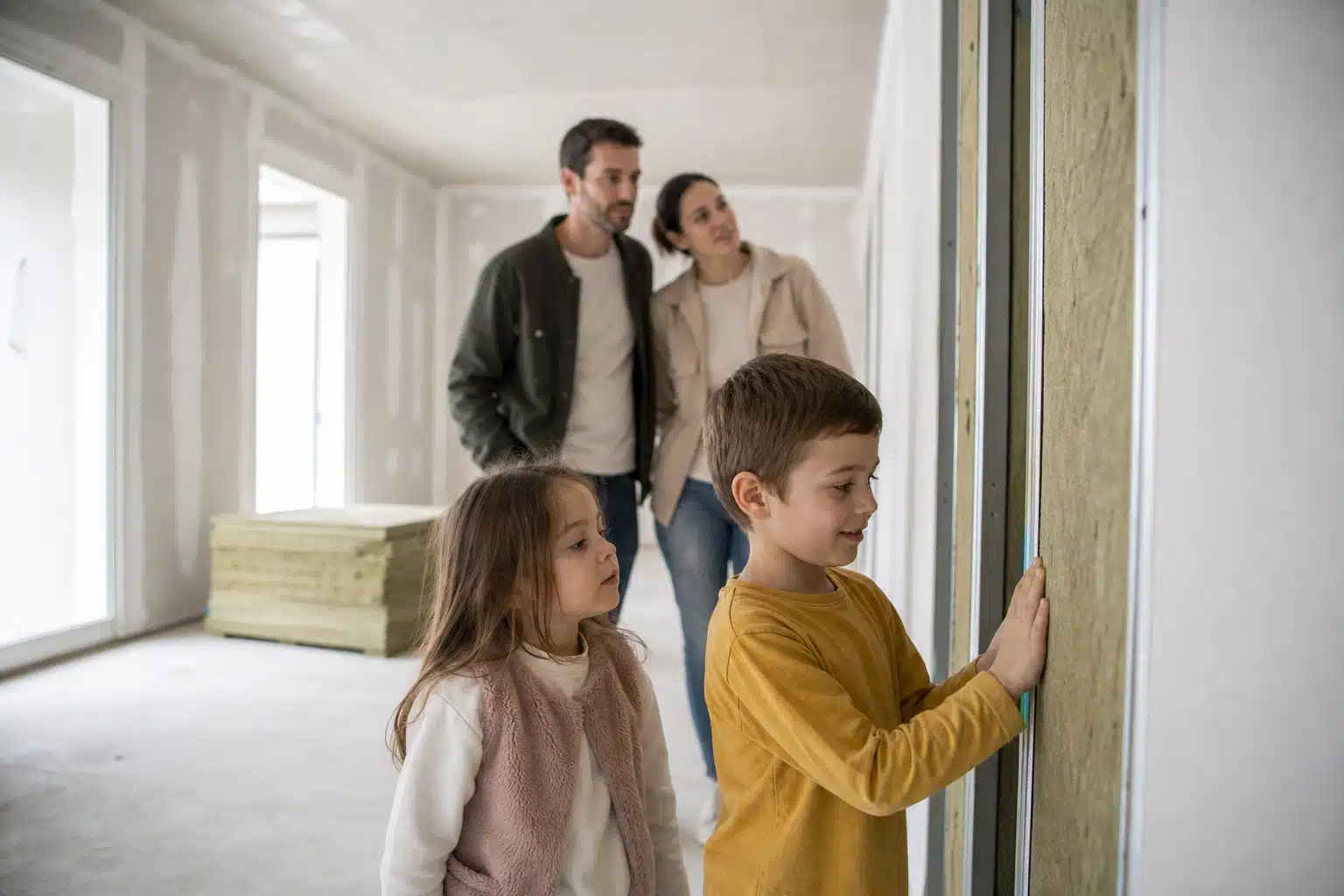 Enfants regardant un tableau encadré, parents derrière